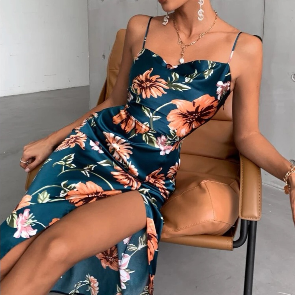 Boho floral tropical print slit thigh slip dress - Picture 5 of 6